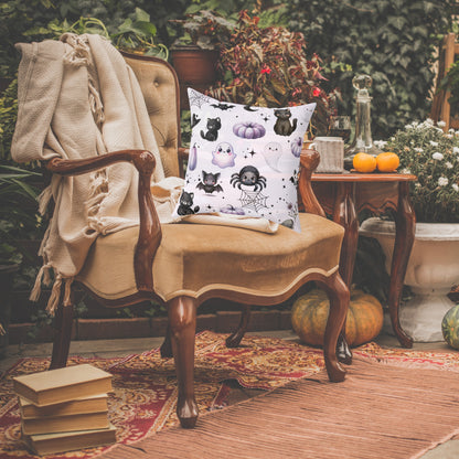 Black Halloween Pattern Faux Suede Square Pillow with black Kawaii Cats, Spider, Ghosts, Bats & Purple Pumpkins