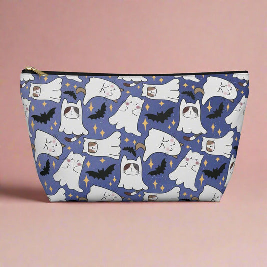 Large Blue Accessory Pouch with Cute Ghostly Kittens and Bats on pink background
