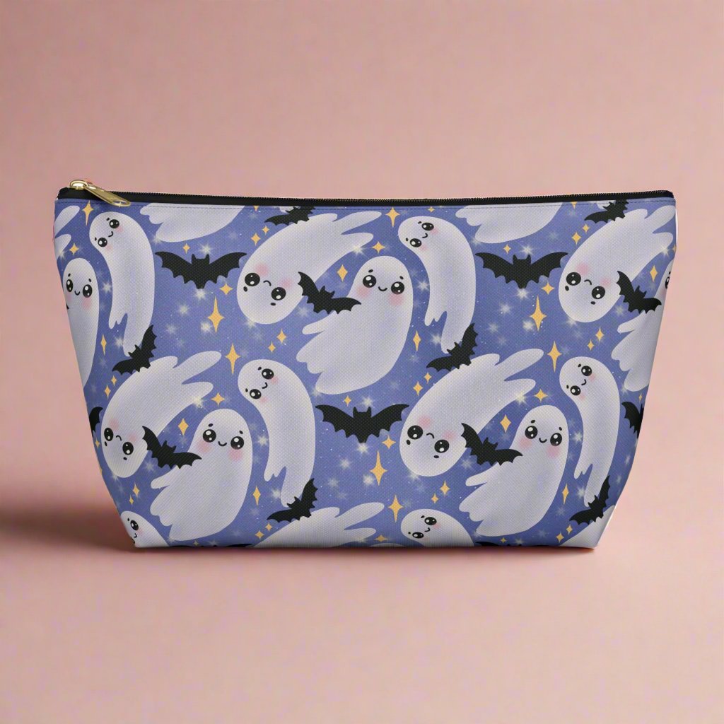 Large Blue Accessory Pouch with Cute Twirling Ghosts and Bats