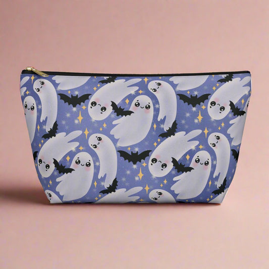Large Blue Accessory Pouch with Cute Twirling Ghosts and Bats