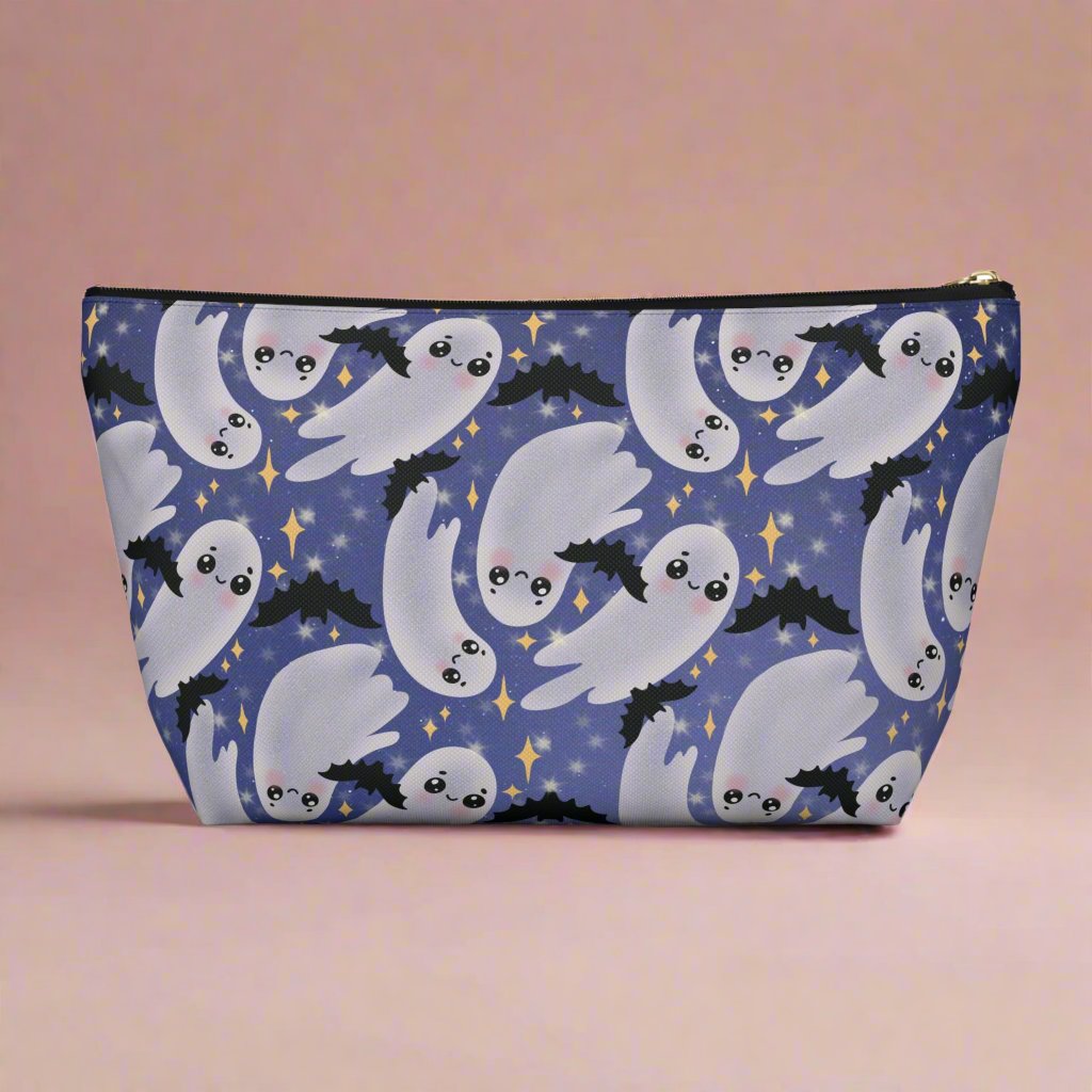Large Blue Accessory Pouch with Cute Twirling Ghosts and Bats back side