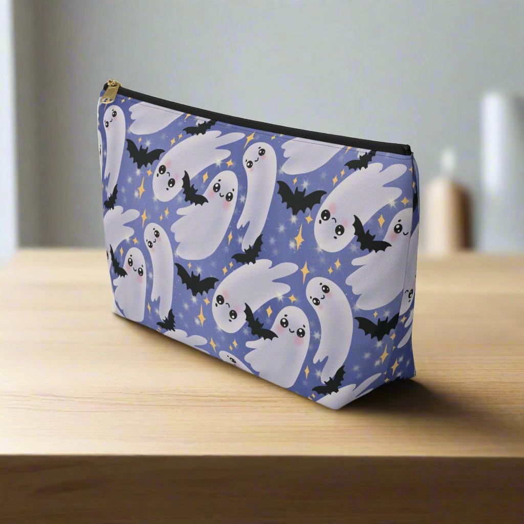 Large Blue Accessory Pouch with Cute Twirling Ghosts and Bats back side