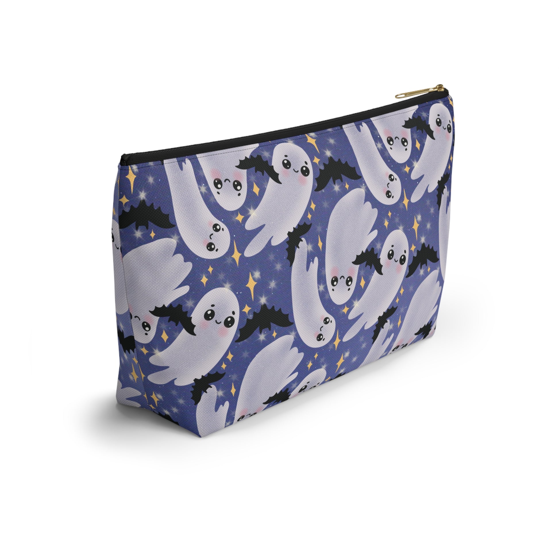 Large Blue Accessory Pouch with Cute Twirling Ghosts and Bats back side