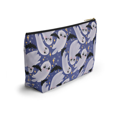 Large Blue Accessory Pouch with Cute Twirling Ghosts and Bats back side