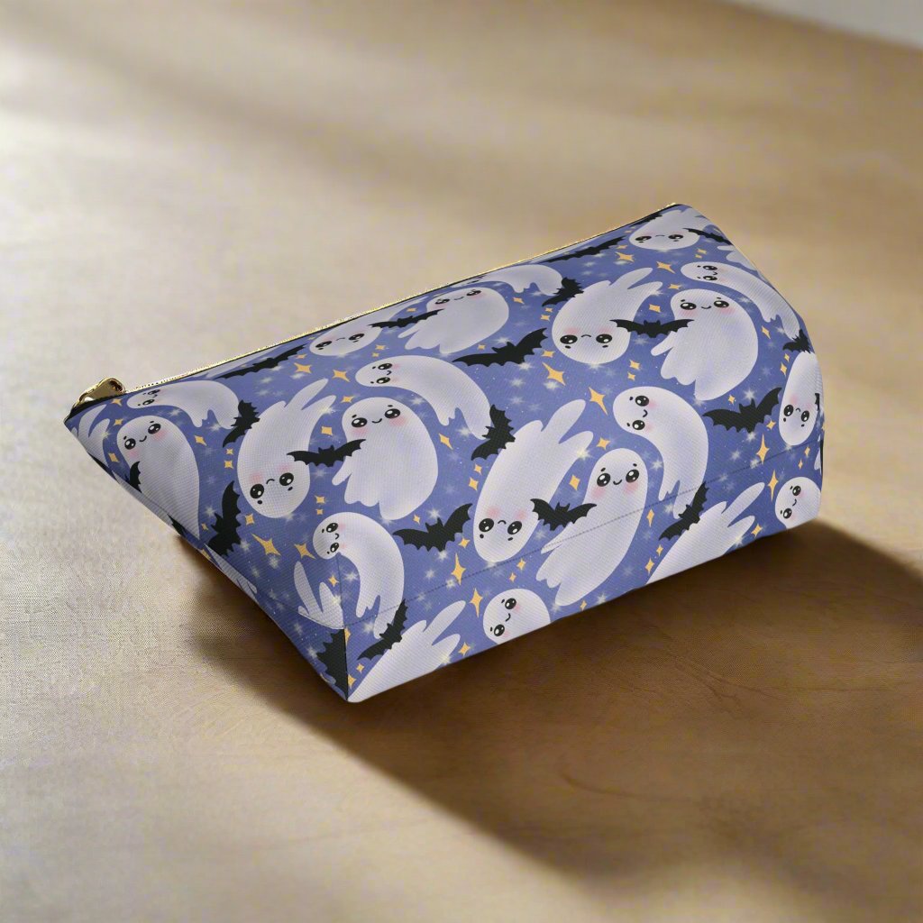 Large Blue Accessory Pouch with Cute Twirling Ghosts and Bats back side