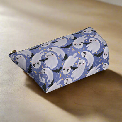Large Blue Accessory Pouch with Cute Twirling Ghosts and Bats back side