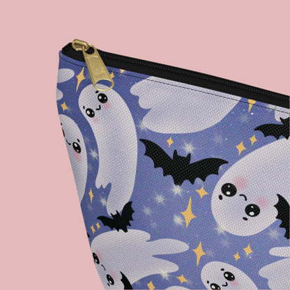 Large Blue Accessory Pouch with Cute Twirling Ghosts and Bats detail
