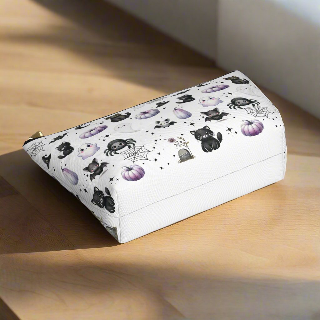 Large Cute Accessory Pouch with with Black Cats, Ghosts, Bats and Spiders bottom view