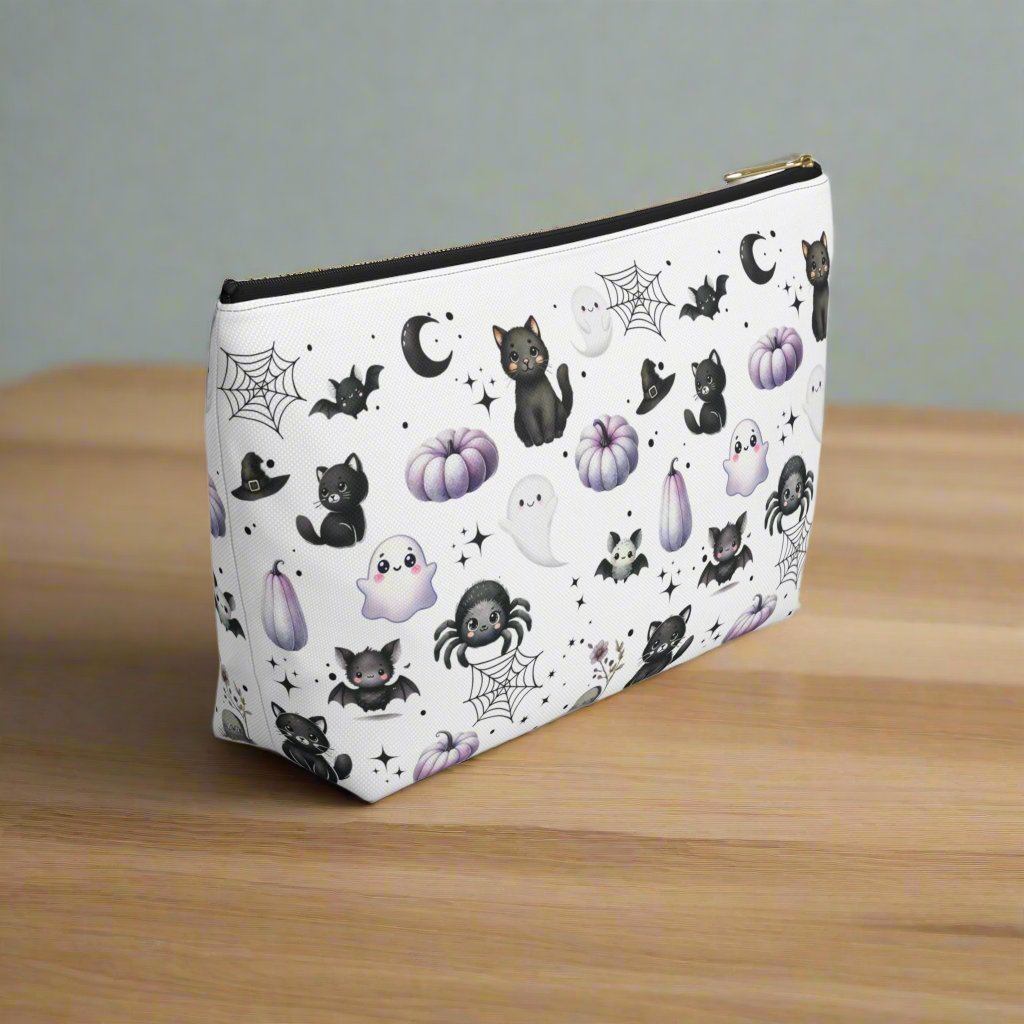 Large Cute Accessory Pouch with with Black Cats, Ghosts, Bats and Spiders