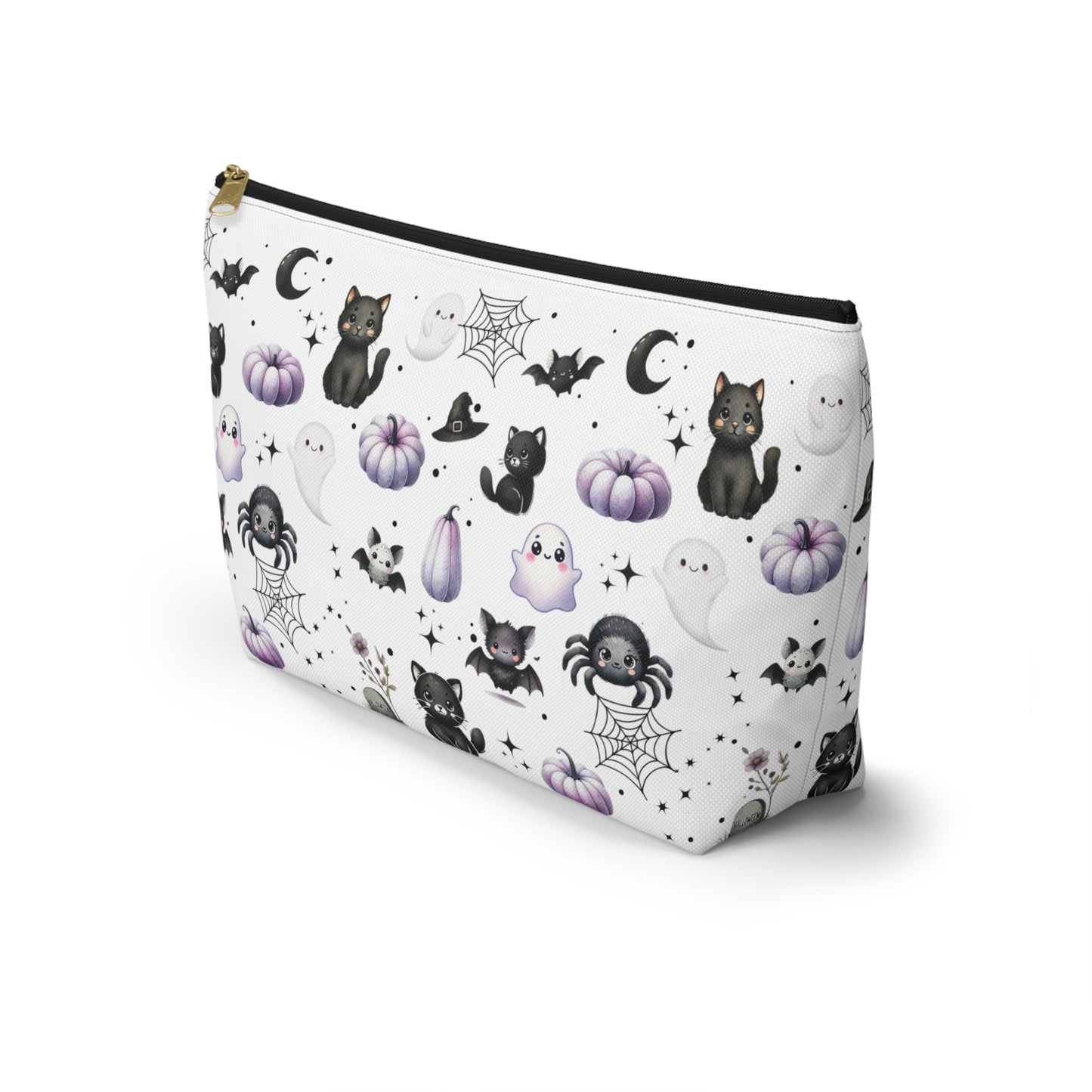 Large Cute Accessory Pouch with with Black Cats, Ghosts, Bats and Spiders side view