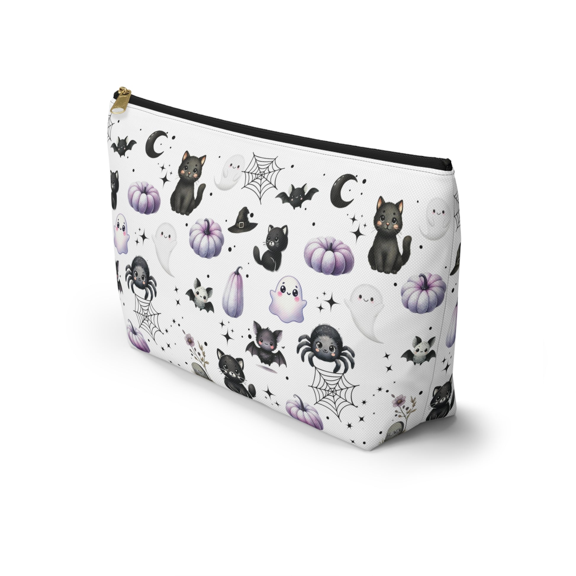 Large Cute Accessory Pouch with with Black Cats, Ghosts, Bats and Spiders side view