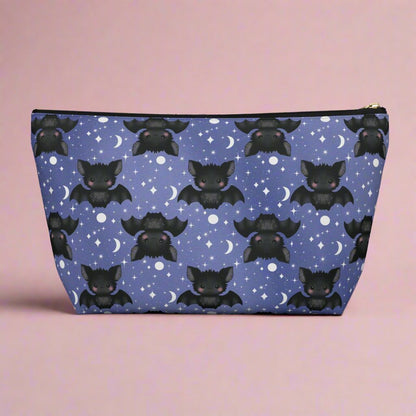 Large Midnight Blue Accessory Pouch with Cute Bats among Moons & Stars