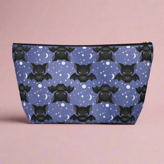 Large Midnight Blue Accessory Pouch with Cute Bats among Moons & Stars