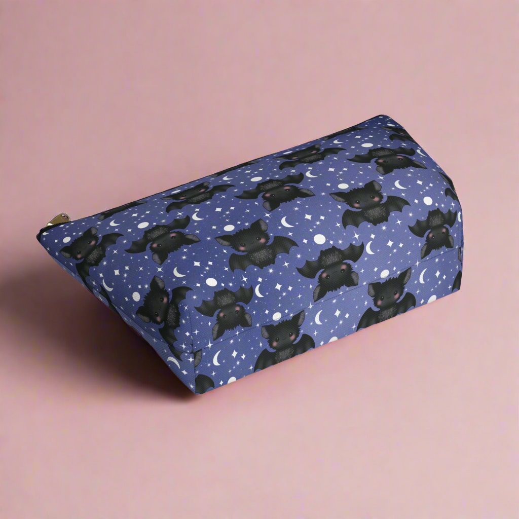 large bag Midnight Blue Accessory Pouch with Cute Bats among Moons & Stars