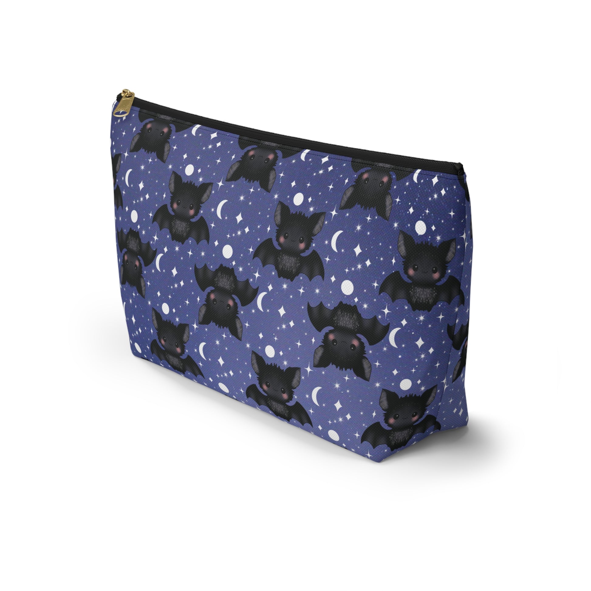 Midnight Blue Accessory Pouch with Cute Bats among Moons & Stars large bag