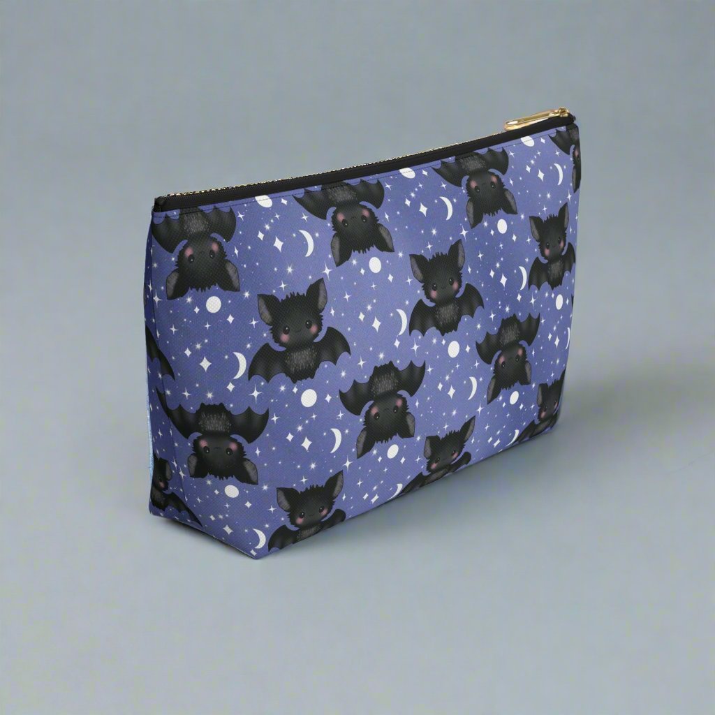 Large bag Midnight Blue Accessory Pouch with Cute Bats among Moons & Stars
