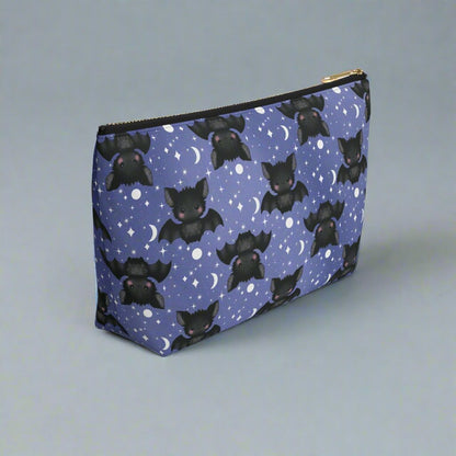 Large bag Midnight Blue Accessory Pouch with Cute Bats among Moons & Stars