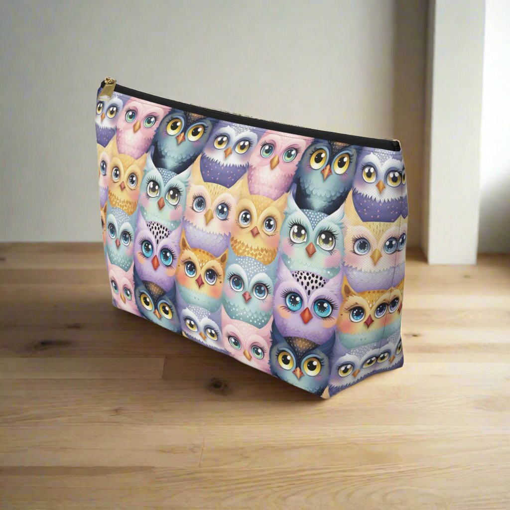 Large Pastel Accessory Pouch with a Cute Flock of Owls