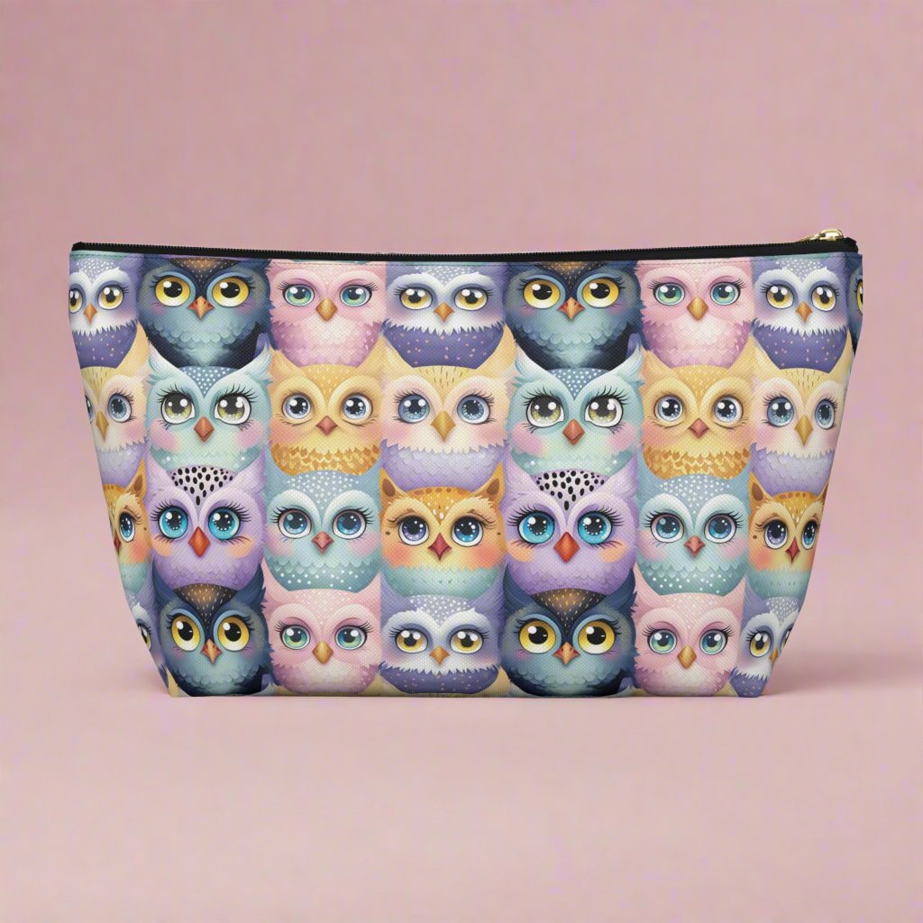 Large Pastel Accessory Pouch with a Cute Flock of Owls back side