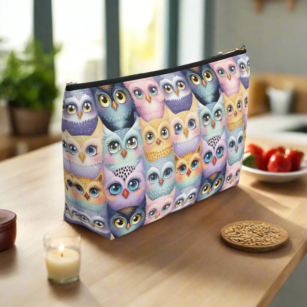 Large Pastel Accessory Pouch with a Cute Flock of Owls