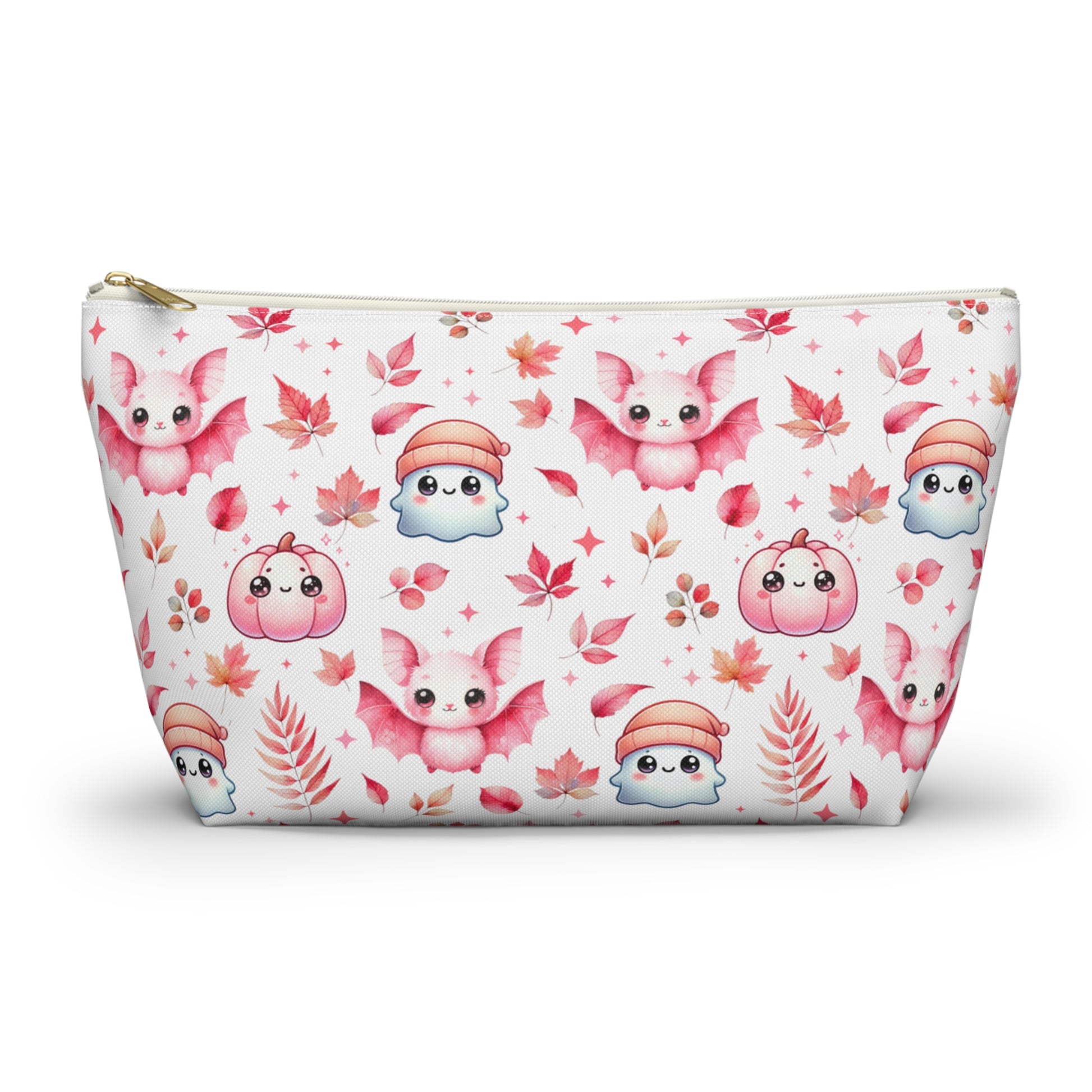 Large Pink Halloween Accessory Pouch with with cute Ghosts, Bats and Leaves