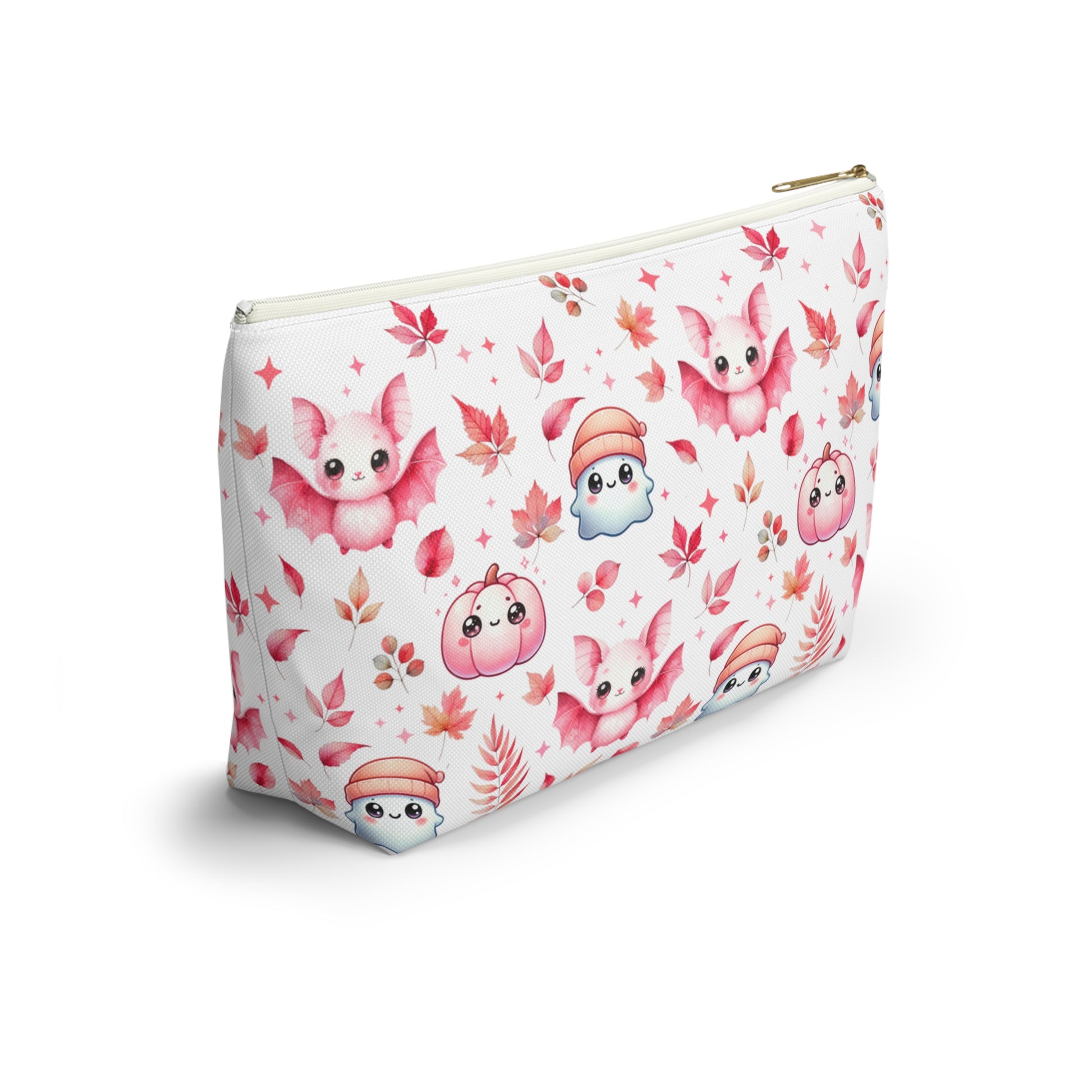 Large Pink Halloween Accessory Pouch with with cute Ghosts, Bats and Leaves