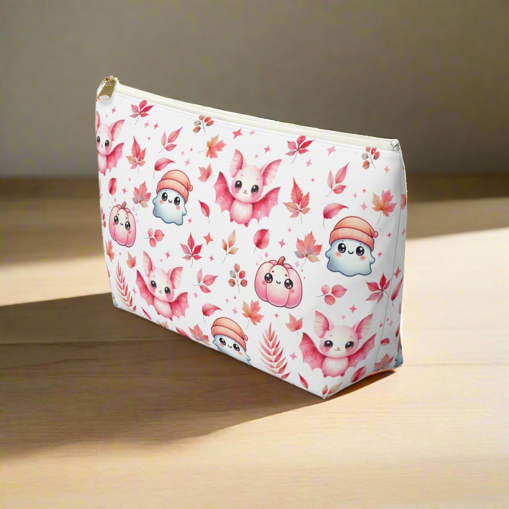 Large Pink Halloween Accessory Pouch with with cute Ghosts, Bats and Leaves