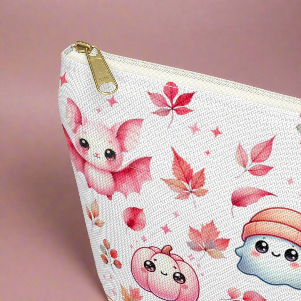 Large Pink Halloween Accessory Pouch with with cute Ghosts, Bats and Leaves detail