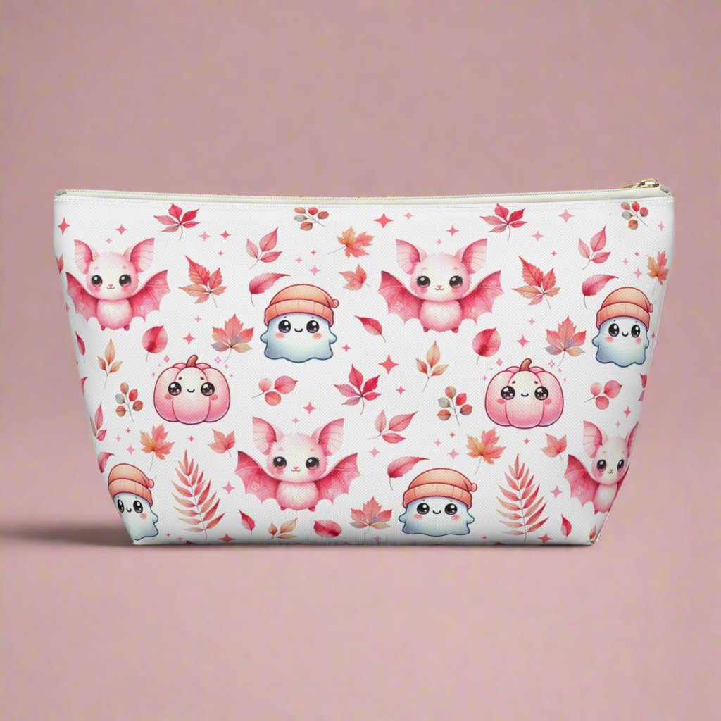 Large Pink Halloween Accessory Pouch with with cute Ghosts, Bats and Leaves back side