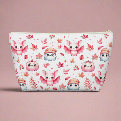 Large Pink Halloween Accessory Pouch with with cute Ghosts, Bats and Leaves back side