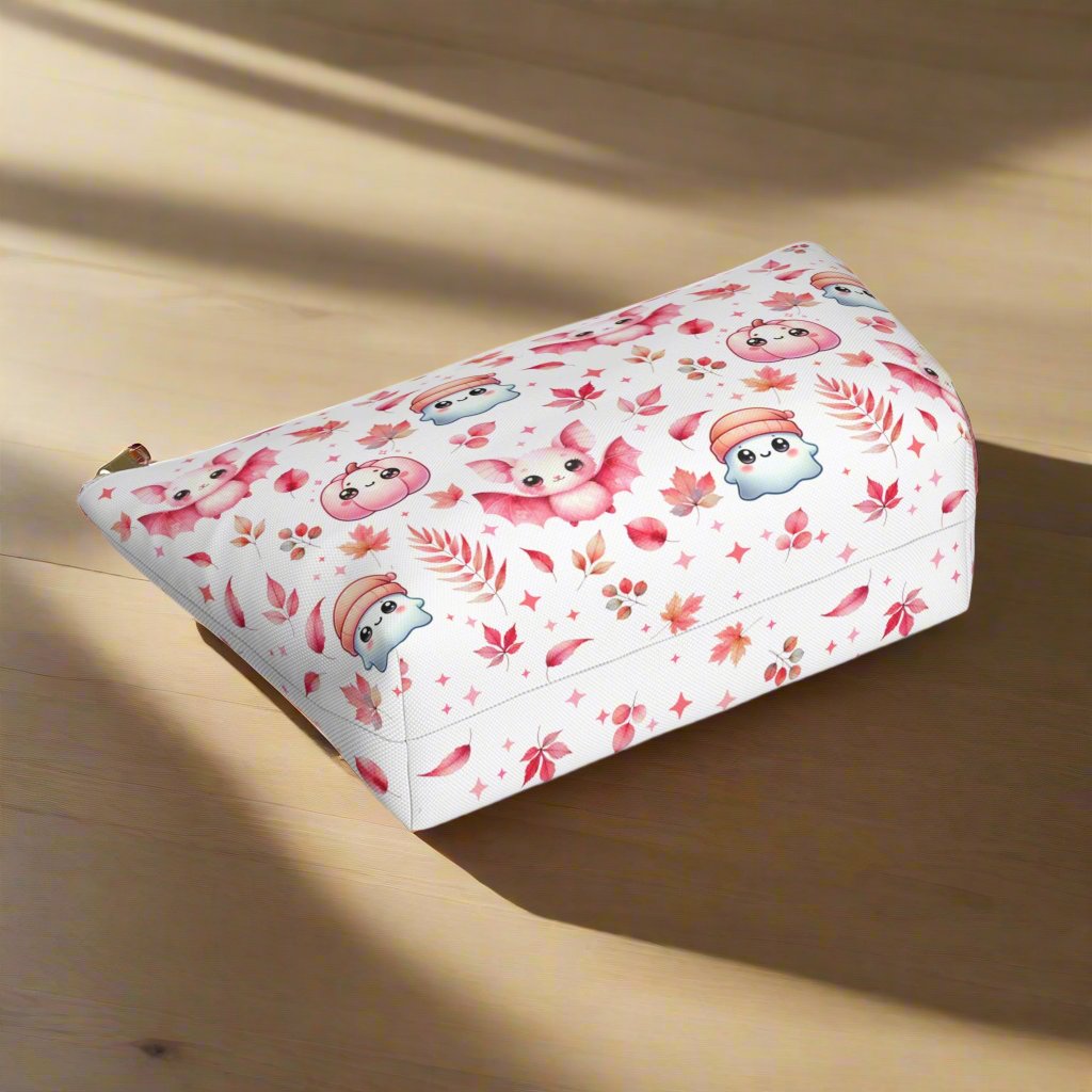 Large Pink Halloween Accessory Pouch with with cute Ghosts, Bats and Leaves bottom view