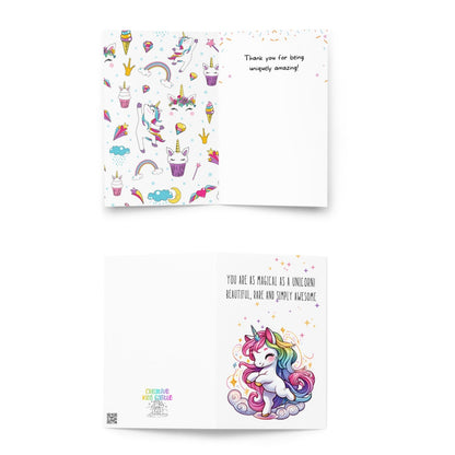 front and back of You are as magical as a dancing unicorn greeting card