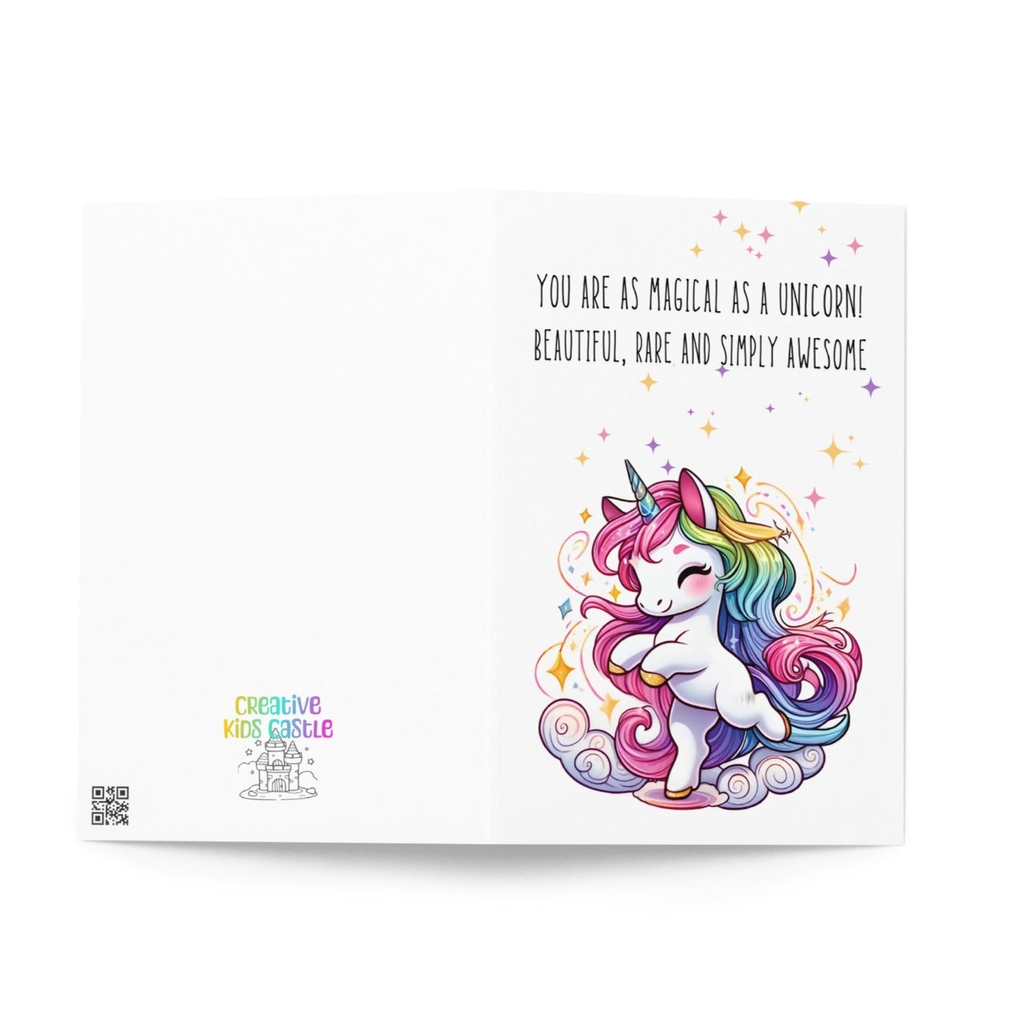 front and back of You are as magical as a dancing unicorn greeting card