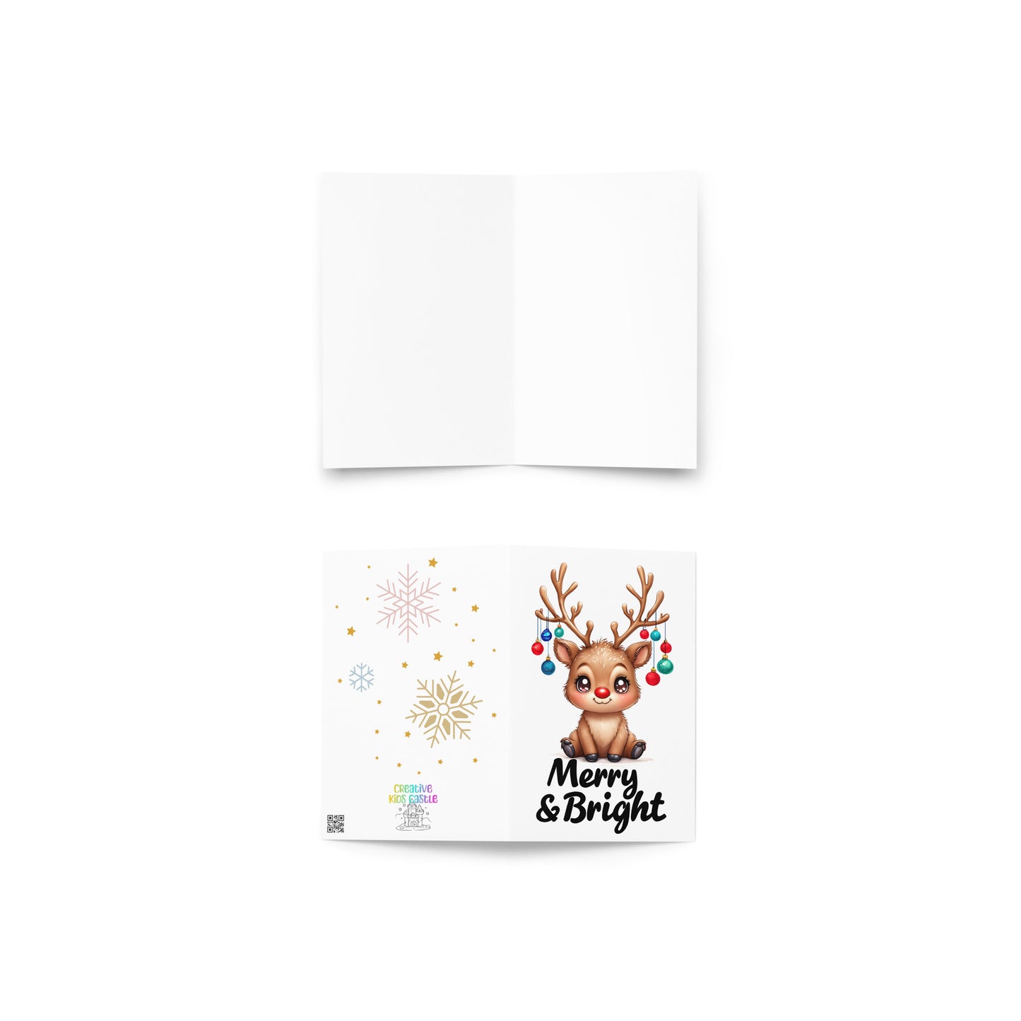 Merry & Bright Cute Reindeer Folded Holiday Card - Digital Download - Print at Home