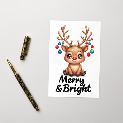 Merry & Bright Cute Reindeer Folded Holiday Card - Digital Download - Print at Home