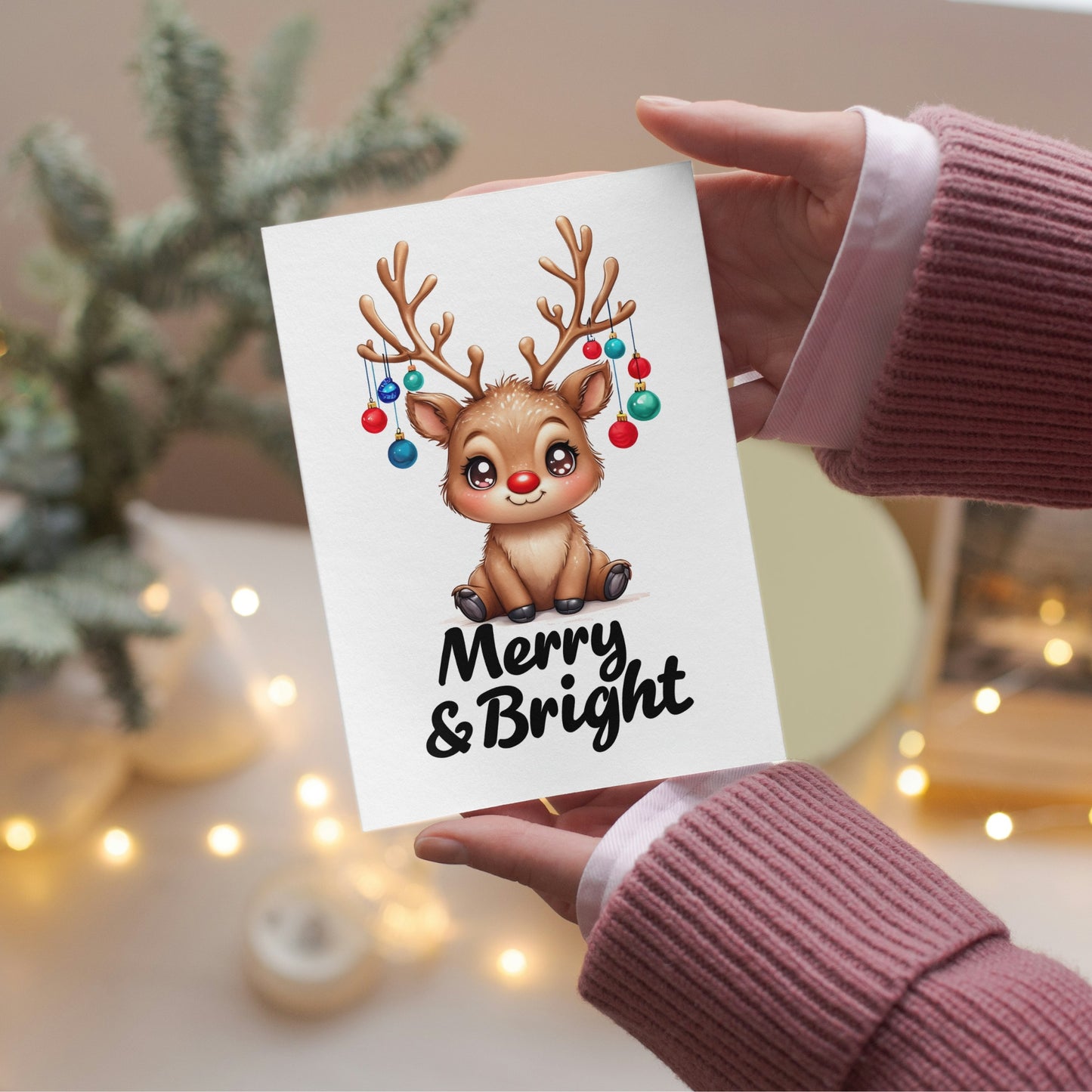 Merry & Bright Cute Reindeer Folded Holiday Card - Digital Download - Print at Home