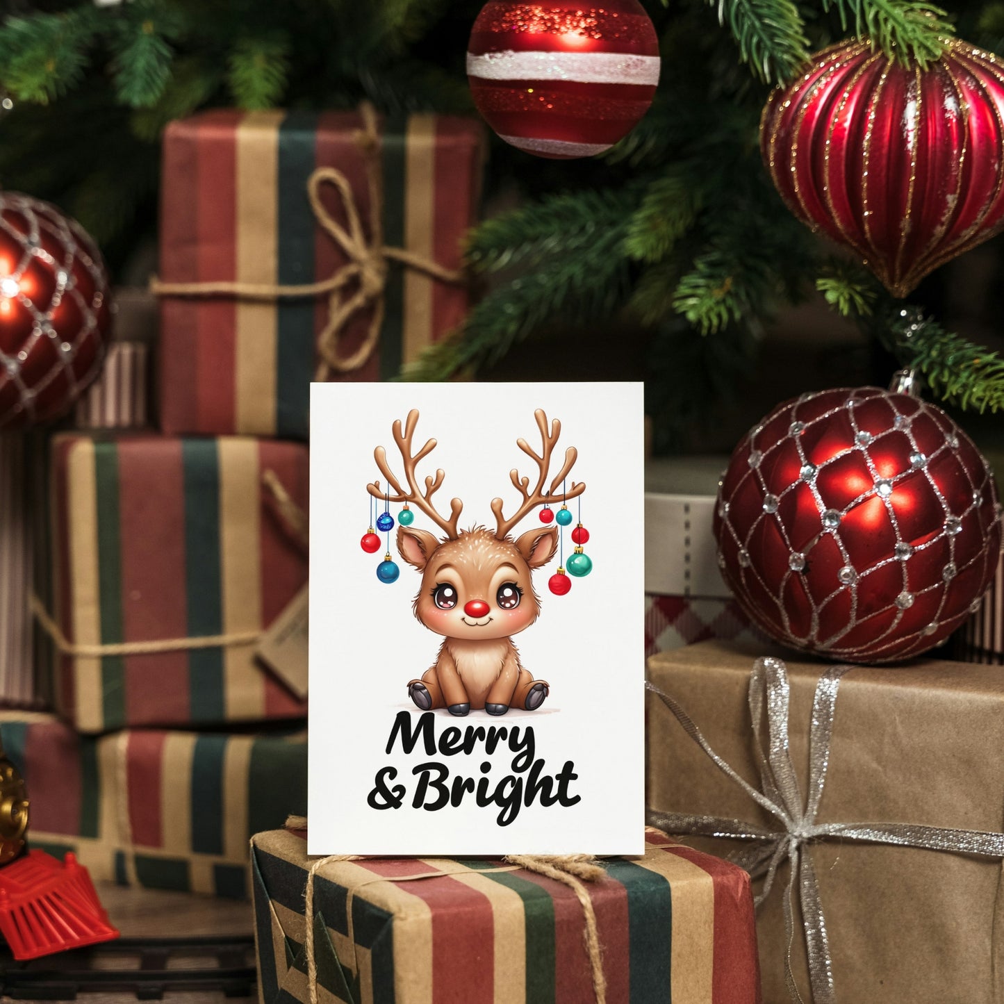 Merry & Bright Cute Reindeer Folded Holiday Card - Digital Download - Print at Home