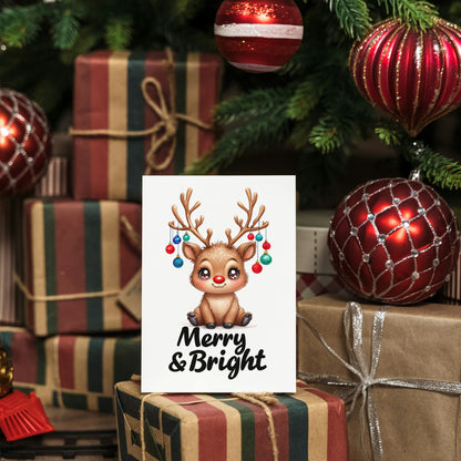 Merry & Bright Cute Reindeer Folded Holiday Card - Digital Download - Print at Home