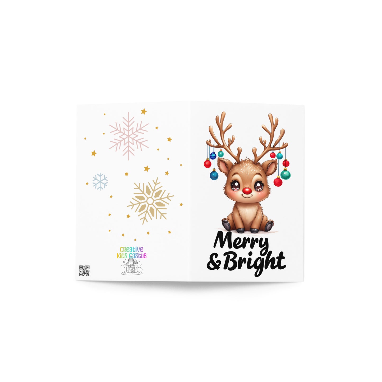 Merry & Bright Cute Reindeer Folded Holiday Card - Digital Download - Print at Home