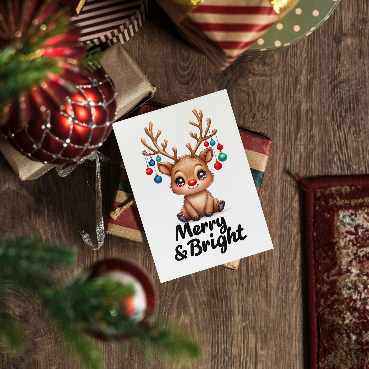 Merry & Bright Cute Reindeer Folded Holiday Card - Digital Download - Print at Home
