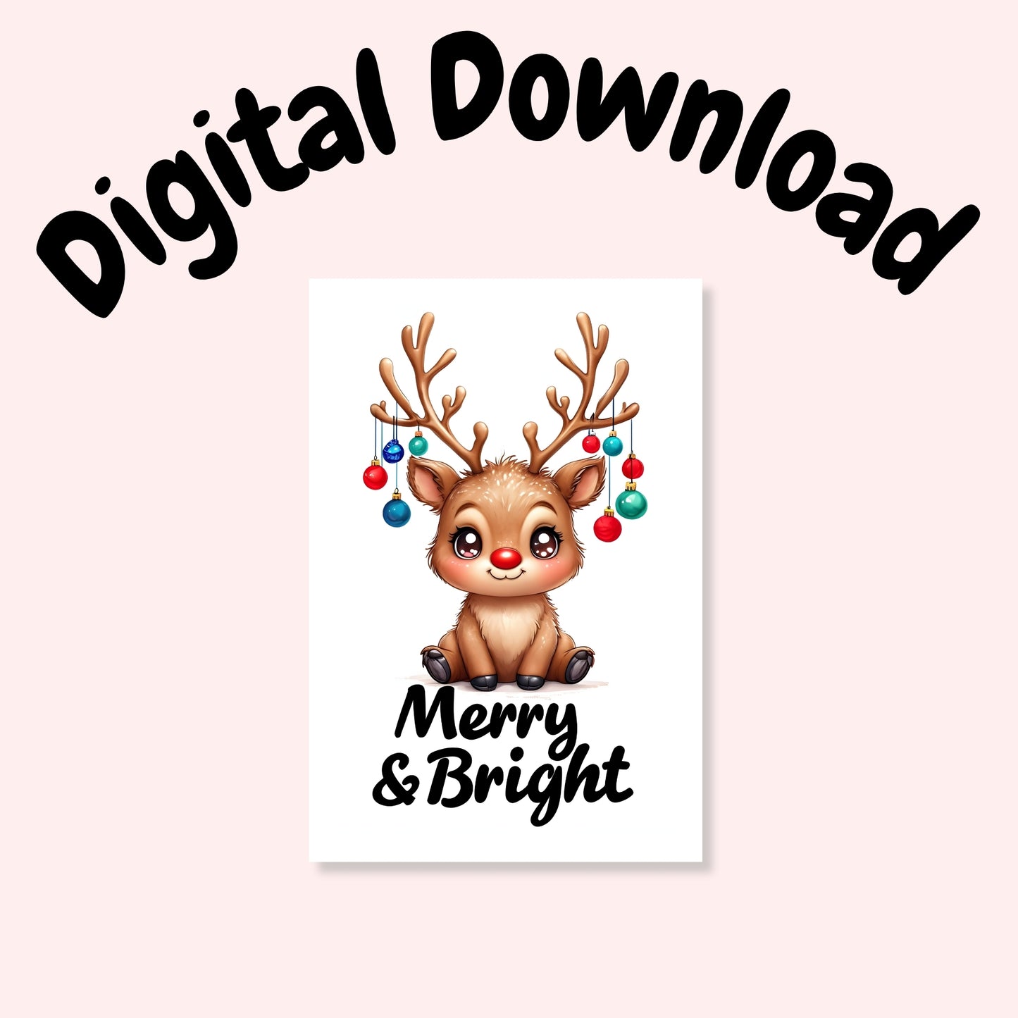 Merry & Bright Cute Reindeer Folded Holiday Card - Digital Download - Print at Home