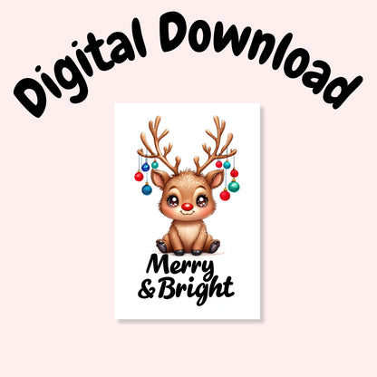 Merry & Bright Cute Reindeer Folded Holiday Card - Digital Download - Print at Home