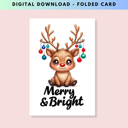 Merry & Bright Cute Reindeer Folded Holiday Card - Digital Download - Print at Home