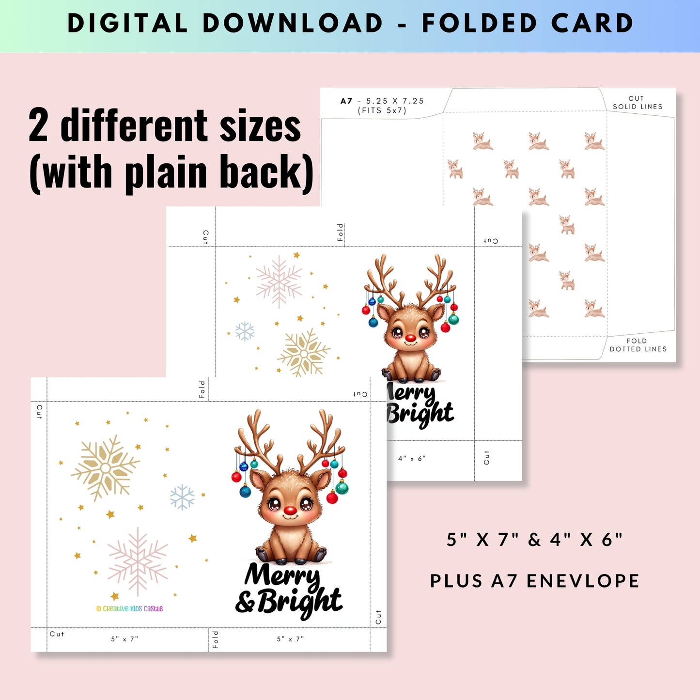 Merry & Bright Cute Reindeer Folded Holiday Card - Digital Download - Print at Home