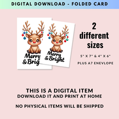 Merry & Bright Cute Reindeer Folded Holiday Card - Digital Download - Print at Home