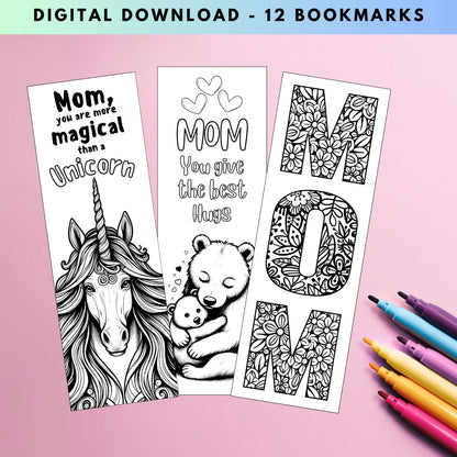 12 Printable Cute Mother's Day Coloring Bookmarks (3 PDF pages)