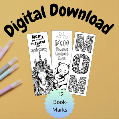 12 Printable Cute Mother's Day Coloring Bookmarks (3 PDF pages)