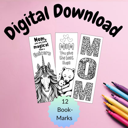 12 Printable Cute Mother's Day Coloring Bookmarks (3 PDF pages)