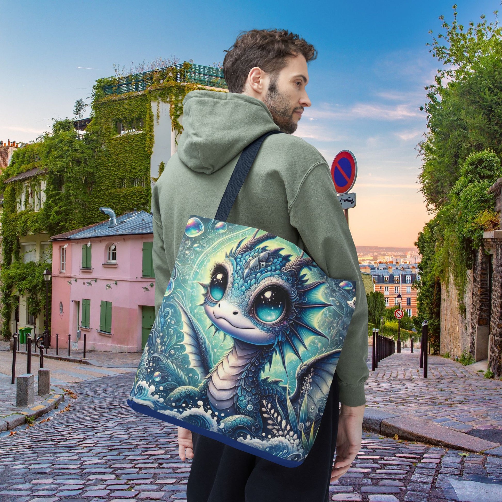 man on Paris street with Mystical Underwater Dragon Tote Bag large