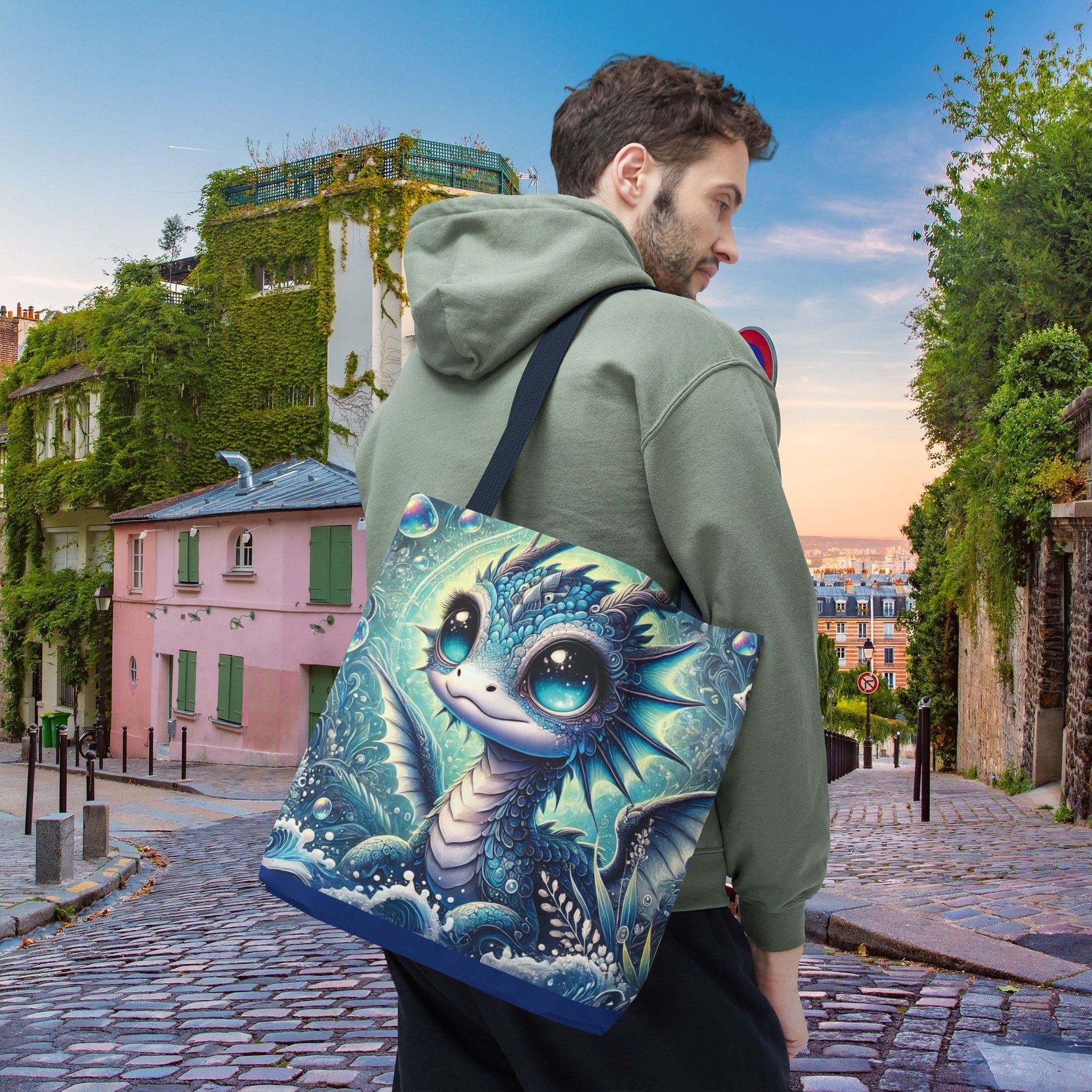 man on paris street with Mystical Underwater Dragon Tote Bag medium